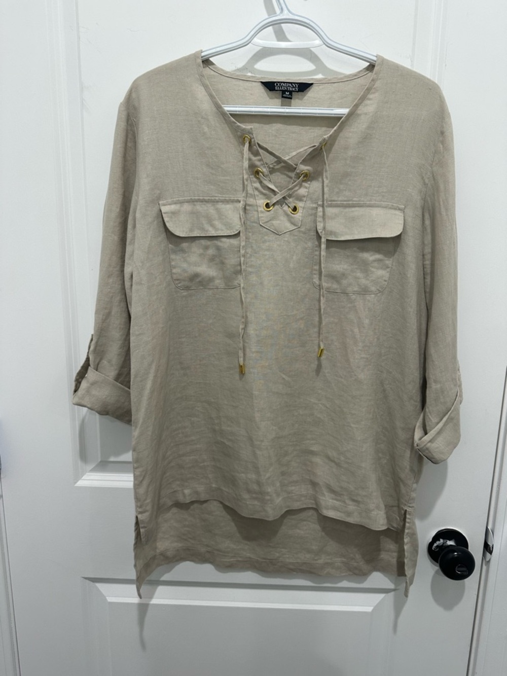 Ellen Tracy 100% Linen Beige Lace-Up Tunic Top